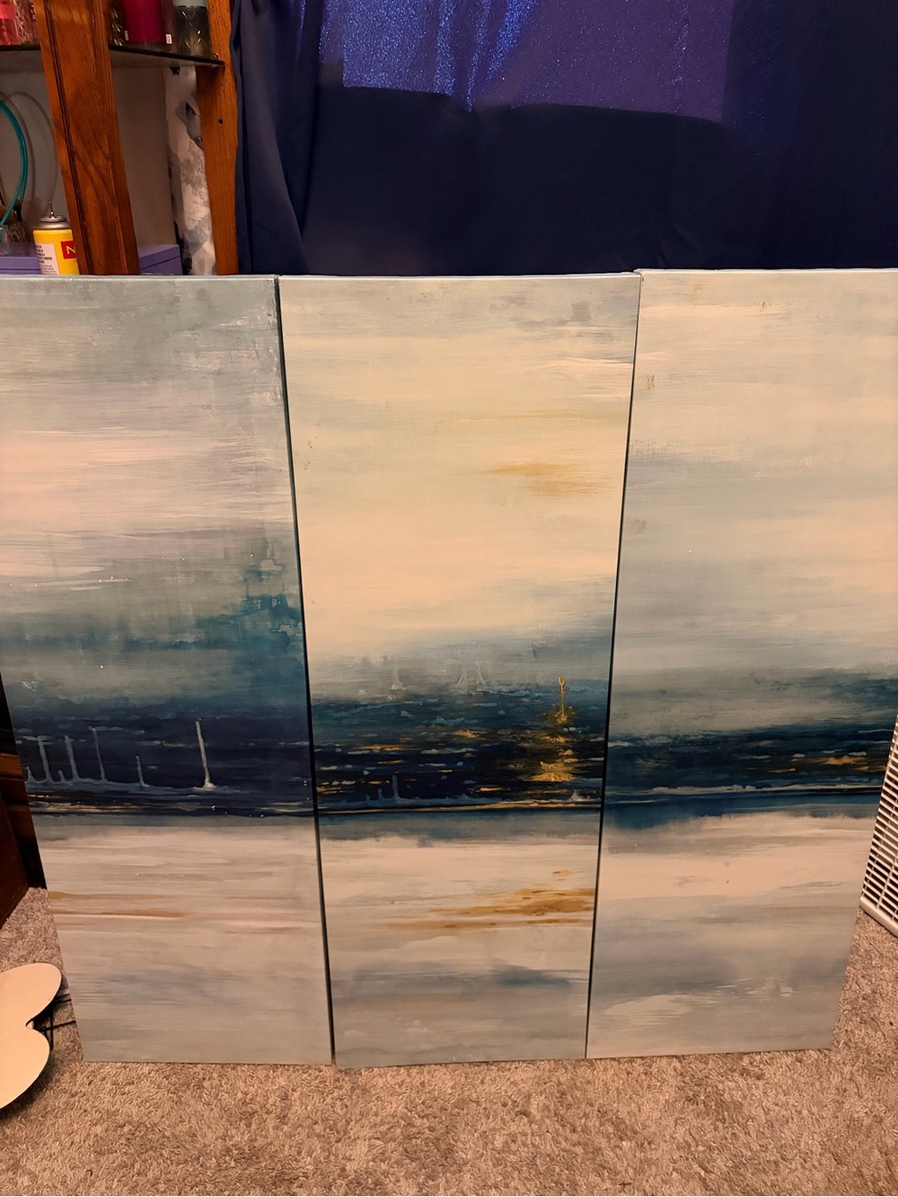 Abstract Coastal Triptych Wall Art in Blue and Gold